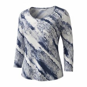 Chico's Woman Navy and White Scoop Neck Printed Long Sleeve Top SZ 3/16/XL EUC
